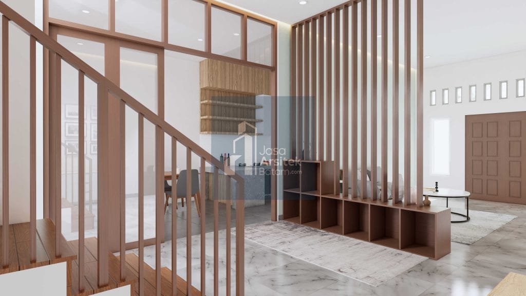 Desain interior rumah Piayu dengan ruang tamu minimalis modern, tangga elegan, ruang makan yang nyaman, dan dapur fungsional.