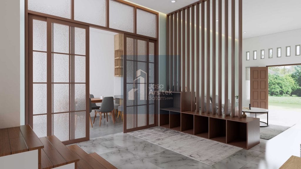 Desain interior rumah Piayu dengan ruang tamu minimalis modern, tangga elegan, ruang makan yang nyaman, dan dapur fungsional.