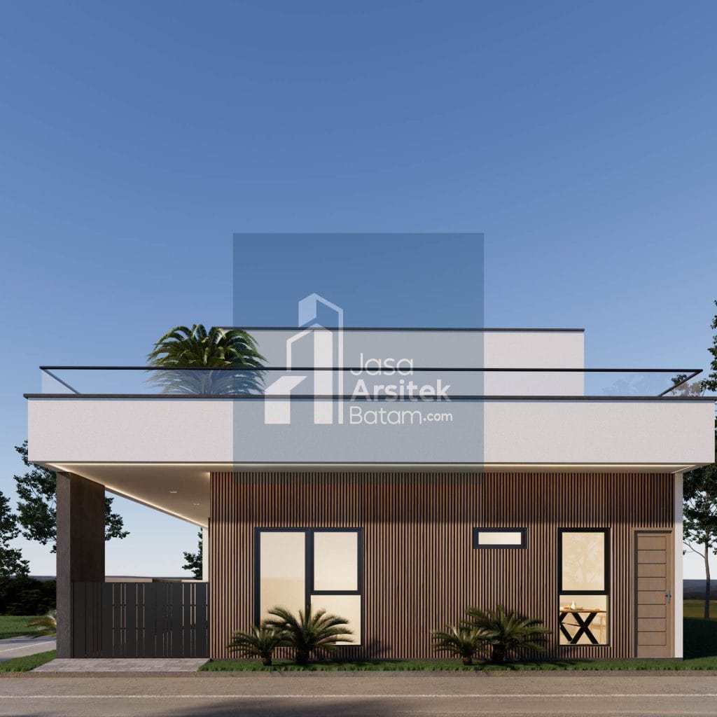 Desain rumah modern dengan kombinasi material beton dan kayu, atap datar, dan balkon luas yang menonjolkan kesan elegan dan minimalis.