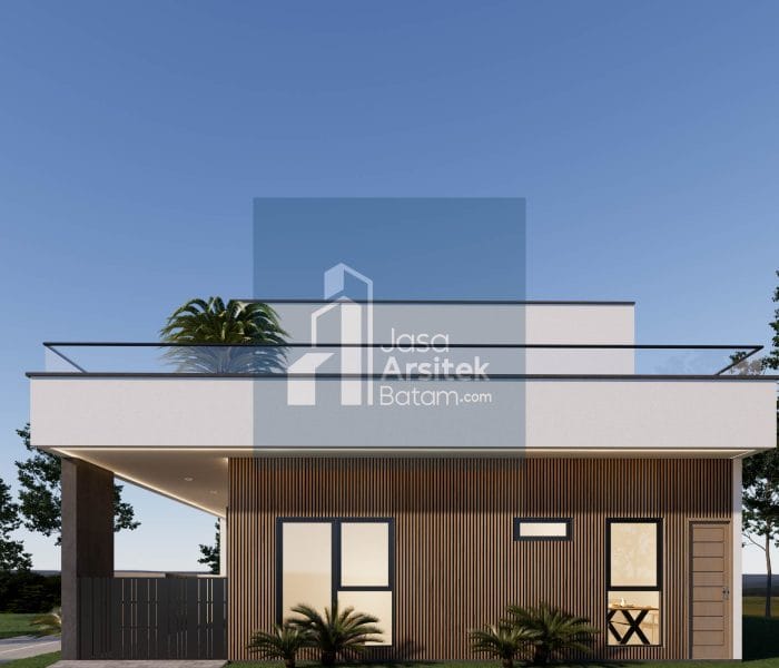 Desain rumah modern dengan kombinasi material beton dan kayu, atap datar, dan balkon luas yang menonjolkan kesan elegan dan minimalis.