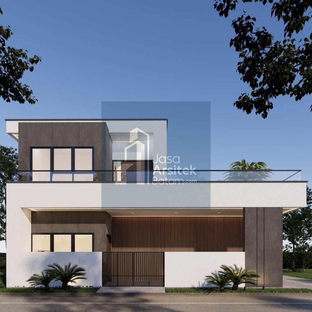 Desain rumah modern dengan kombinasi material beton dan kayu, atap datar, dan balkon luas yang menonjolkan kesan elegan dan minimalis.