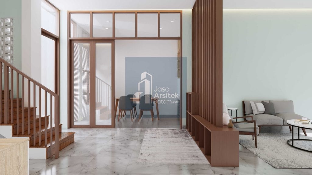 Desain interior rumah Piayu dengan ruang tamu minimalis modern, tangga elegan, ruang makan yang nyaman, dan dapur fungsional.