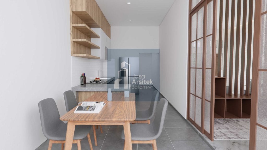 Desain interior rumah Piayu dengan ruang tamu minimalis modern, tangga elegan, ruang makan yang nyaman, dan dapur fungsional.