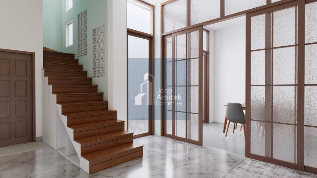 Desain interior rumah Piayu dengan ruang tamu minimalis modern, tangga elegan, ruang makan yang nyaman, dan dapur fungsional.