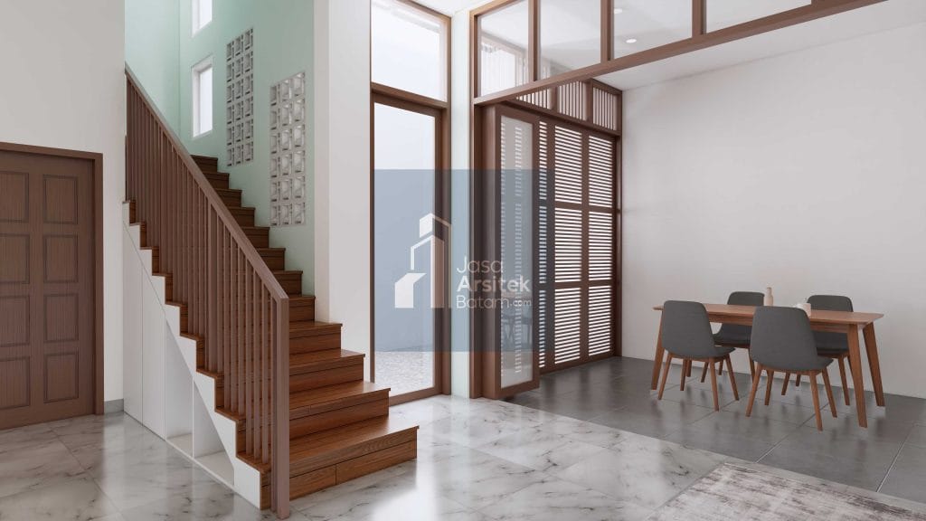 Desain interior rumah Piayu dengan ruang tamu minimalis modern, tangga elegan, ruang makan yang nyaman, dan dapur fungsional.