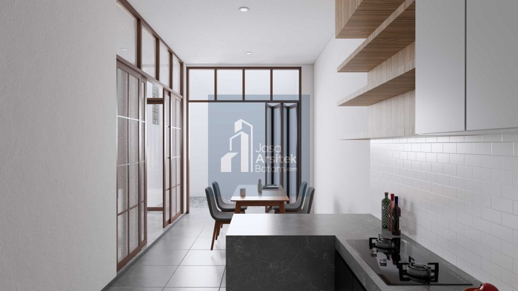 Desain interior rumah Piayu dengan ruang tamu minimalis modern, tangga elegan, ruang makan yang nyaman, dan dapur fungsional.