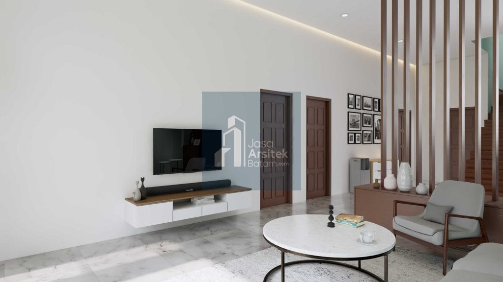 Desain interior rumah Piayu dengan ruang tamu minimalis modern, tangga elegan, ruang makan yang nyaman, dan dapur fungsional.