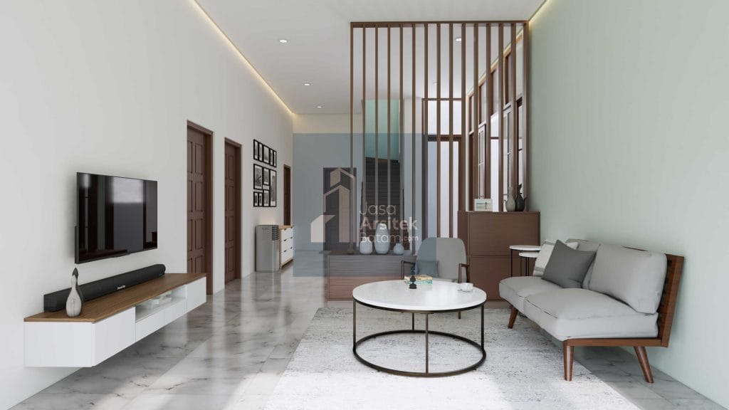Desain interior rumah Piayu dengan ruang tamu minimalis modern, tangga elegan, ruang makan yang nyaman, dan dapur fungsional.