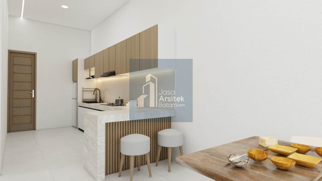 Desain dapur minimalis modern dengan kabinet kayu, area wastafel dan kompor tertata rapi, serta meja makan sederhana di sebelahnya.