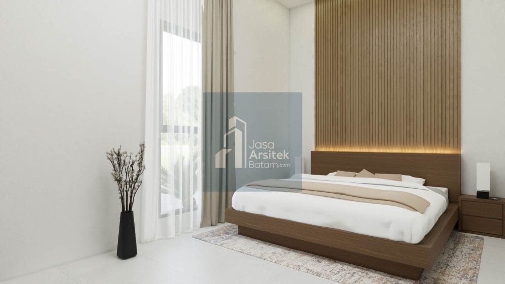 Desain kamar tidur minimalis dengan dinding kayu elegan, tempat tidur besar, dan kursi santai bulat, pencahayaan lembut di sekitar kepala tempat tidur.