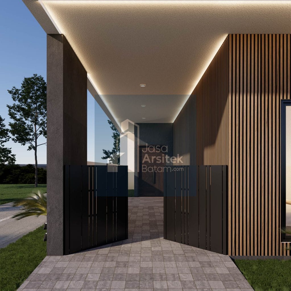 Desain rumah modern dengan kombinasi material beton dan kayu, atap datar, dan balkon luas yang menonjolkan kesan elegan dan minimalis.