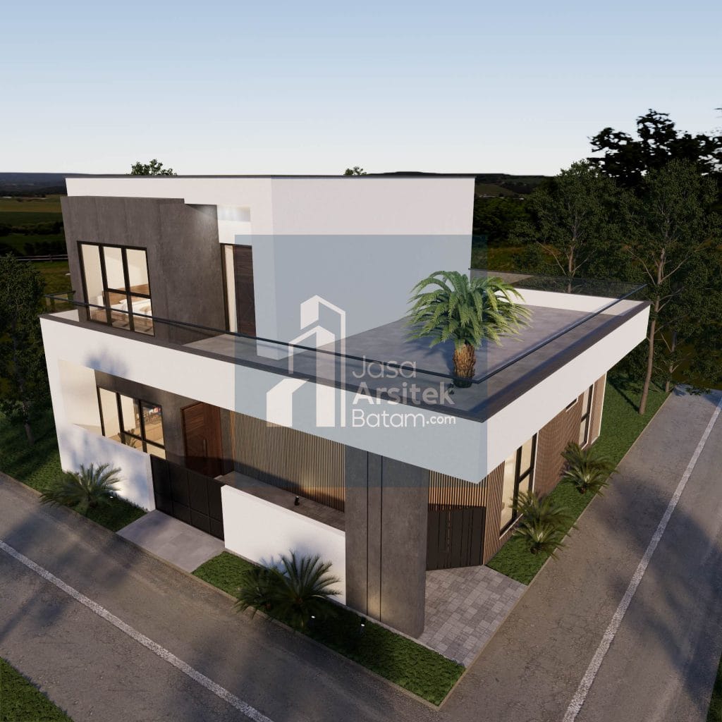 Desain rumah modern dengan kombinasi material beton dan kayu, atap datar, dan balkon luas yang menonjolkan kesan elegan dan minimalis.