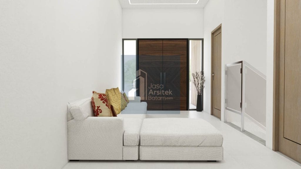 Desain interior ruang tengah dengan tangga minimalis, kursi panjang, dan pencahayaan alami yang membuat ruang terasa luas dan nyaman.