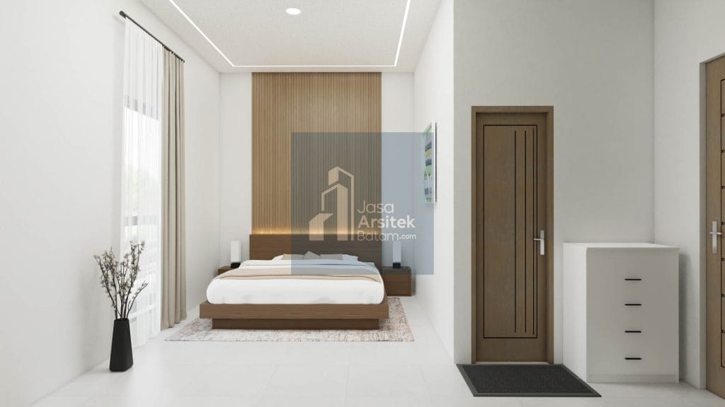 Desain kamar tidur minimalis dengan dinding kayu elegan, tempat tidur besar, dan kursi santai bulat, pencahayaan lembut di sekitar kepala tempat tidur.