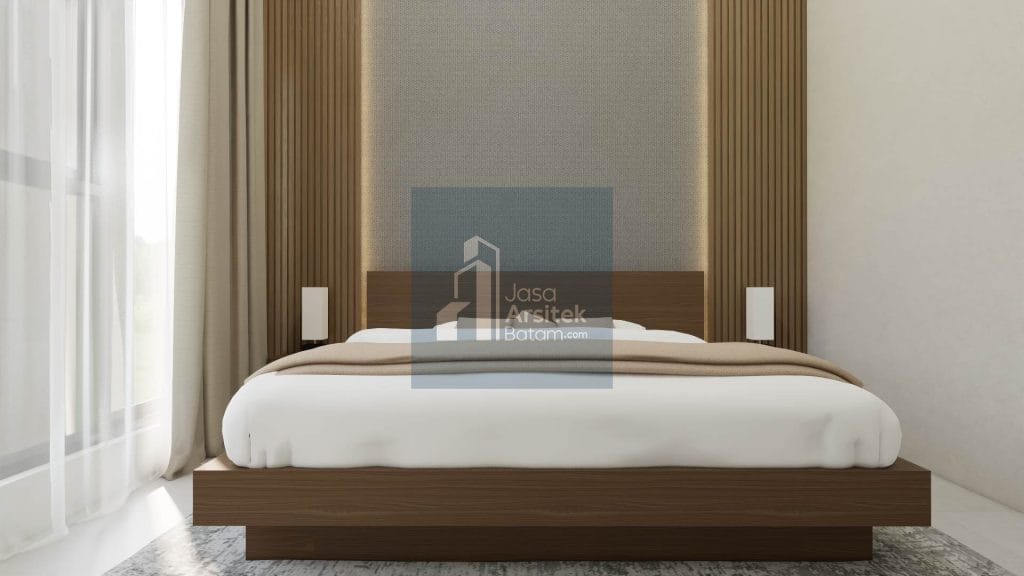 Desain kamar tidur minimalis dengan dinding kayu elegan, tempat tidur besar, dan kursi santai bulat, pencahayaan lembut di sekitar kepala tempat tidur.