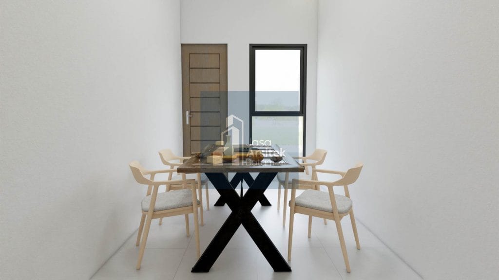 Desain ruang makan minimalis dengan meja kayu besar dan kursi ringan, pencahayaan alami dari jendela besar yang menyatu dengan suasana luar ruangan.