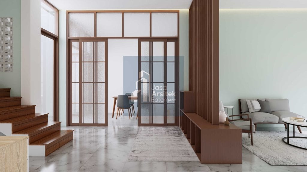 Desain interior rumah Piayu dengan ruang tamu minimalis modern, tangga elegan, ruang makan yang nyaman, dan dapur fungsional.