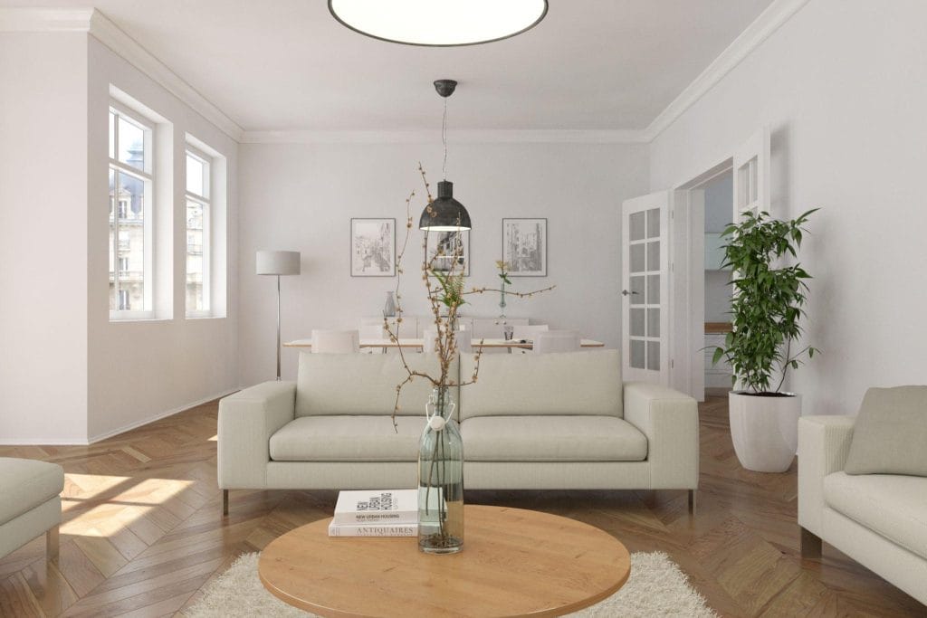 Interior rumah Skandinavia dengan desain minimalis, furnitur kayu, dan pencahayaan alami