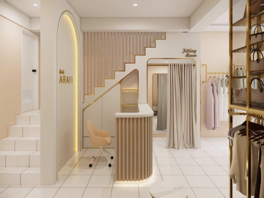 desain interior butik Batam kasir dan fitting room