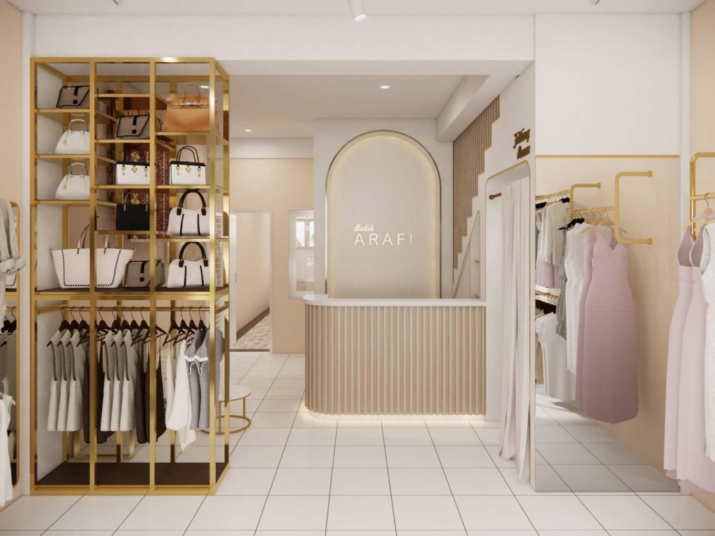 desain interior butik Batam display pakaian tas multi sudut