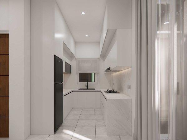 Render 3D dapur utama renovasi rumah kontrakan kosan modern minimalis Bengkong Batam